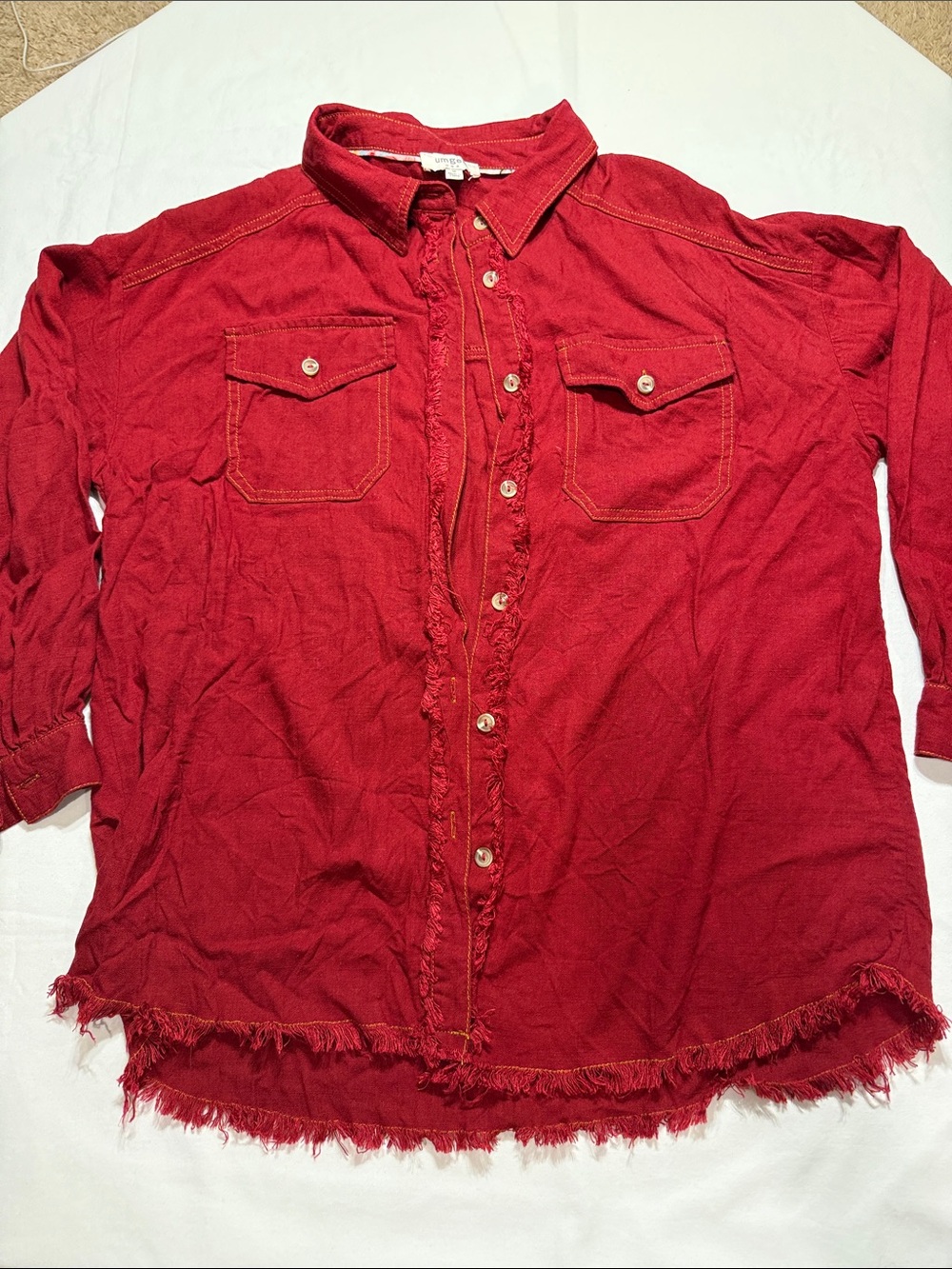 Umgee Red Frayed Hem Button-Up Shirt